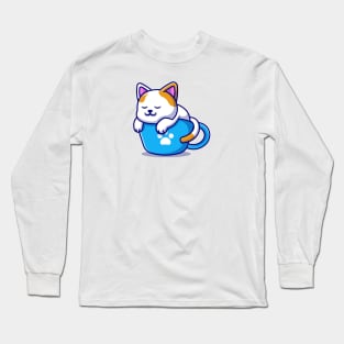 Cute Cat Sleeping On Cup Coffee Cartoon Long Sleeve T-Shirt